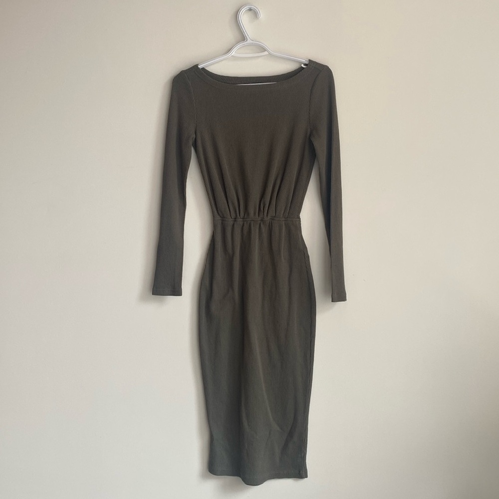 The Fifth Label Green Waffle Long Sleeve Midi Dress